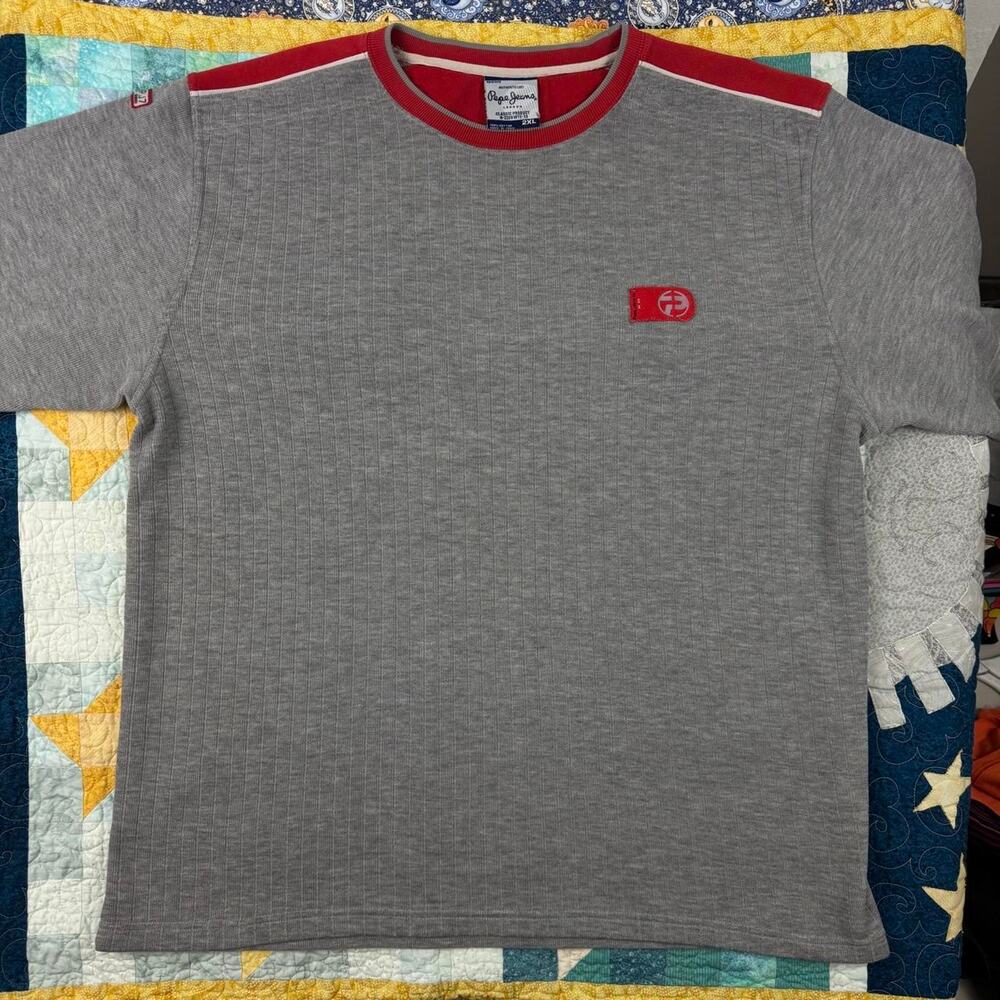 Pepe Jeans London UK Grey and Red Ribbed Heavyweight Short Sleeve Tee Shirt